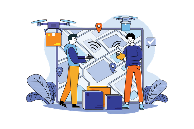 Delivery Man Deliver Package Using Drone Illustration