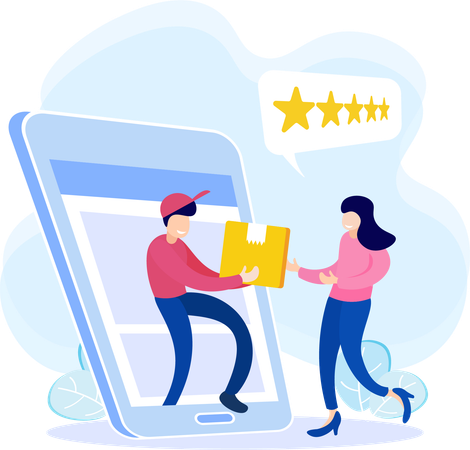 Delivery man deliver parcel to girl while girl giving five stars  Illustration