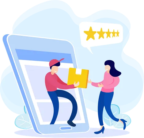 Delivery man deliver parcel to girl while girl giving five stars  Illustration