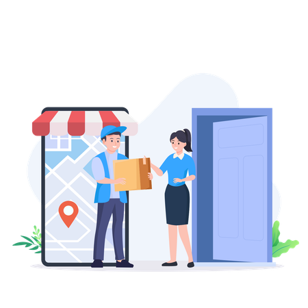 Delivery man delivered parcel at delivery address  Illustration