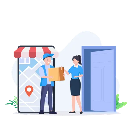 Delivery man delivered parcel at delivery address  Illustration