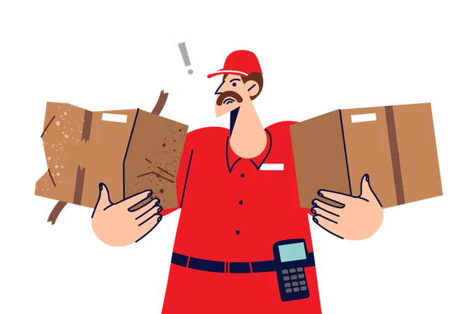 Clumsy Courier Damaged And Dented One Of Boxes Delivering Or Moving Parcel To Another Warehouse Confused Guy From Courier Service Does Not Know How To Deal With Spoiled When Transporting Goods Illustration