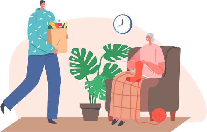 Delivery man delivering groceries to old aged woman Illustration