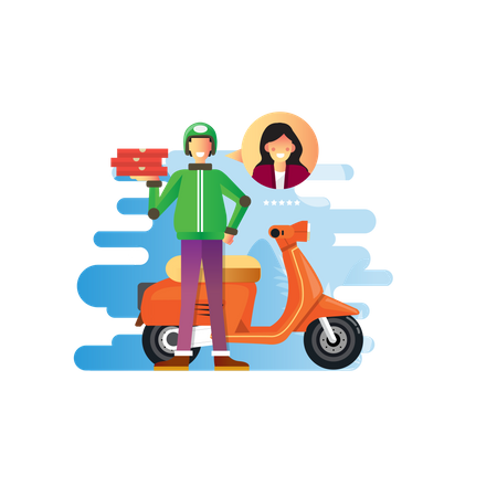 Delivery man delivering pizza on scooter Illustration