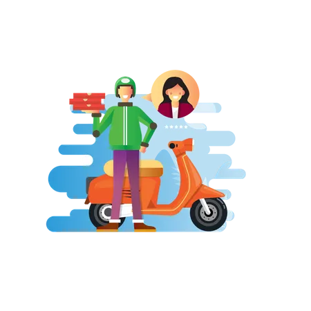 Delivery man delivering pizza on scooter Illustration