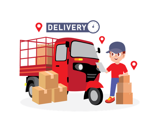 Delivery Man delivers stock from van  Illustration