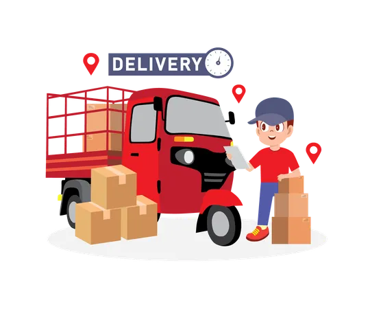 Delivery Man delivers stock from van  Illustration