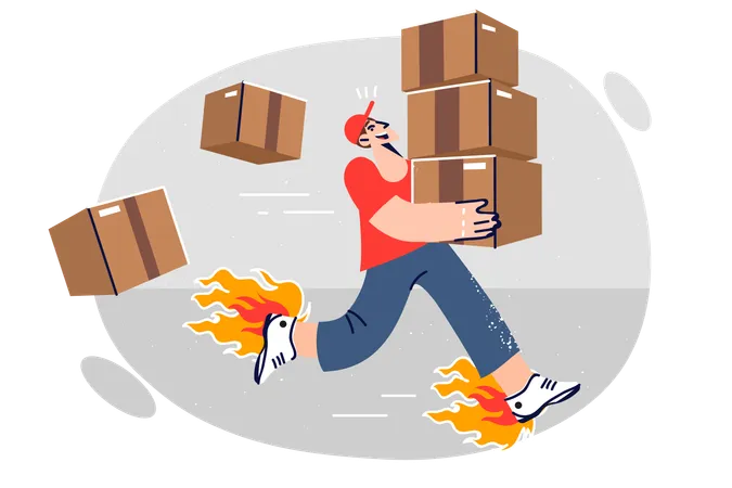 Man Courier From Express Delivery Company Runs With Cardboard Boxes In Hurry To Delivery Order To Client Express Logistics And Transportation Of Goods To Satisfy Consumers From Online Store Illustration