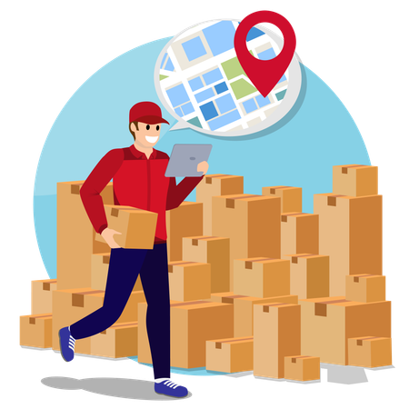 Delivery man Find location for sent parcel box with mobile  Illustration