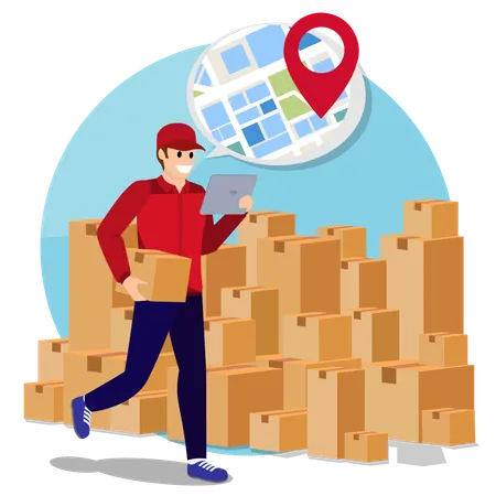 Delivery man Find location for sent parcel box with mobile  Illustration