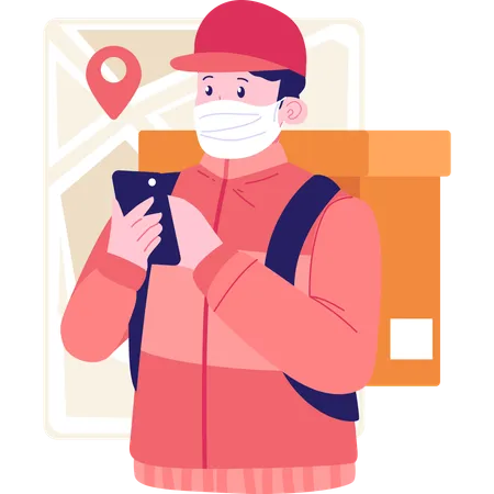 Delivery man finding location on phone  Illustration
