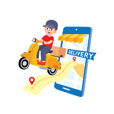 Delivery Man follows direction on mobile  Illustration