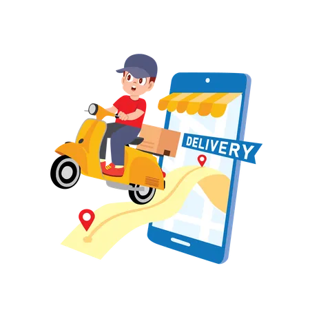 Delivery Man follows direction on mobile  Illustration