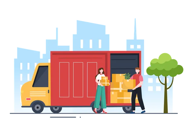 Delivery man giving delivery box to woman Illustration