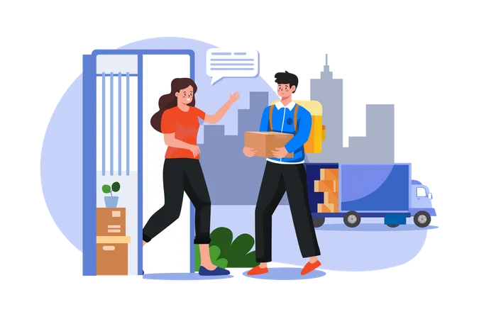 Delivery man giving delivery box to woman Illustration