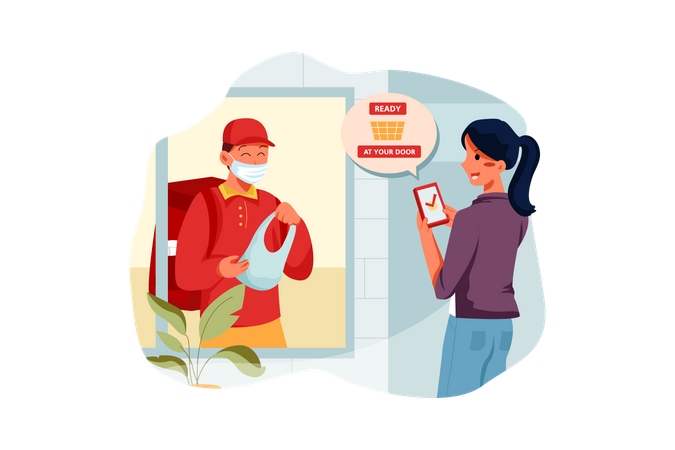 Delivery man giving delivery parcel to the owner at home  イラスト