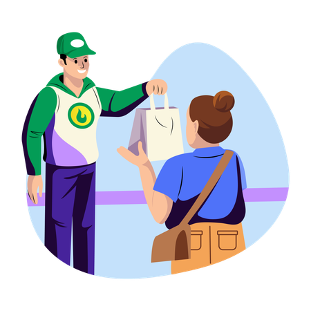 Delivery man giving food parcel to girl  Illustration