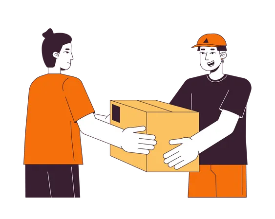Delivery Man Giving Package To Man Flat Line Color Vector Character Editable Outline Full Body Person On White Express Delivery Simple Cartoon Spot Illustration For Web Graphic Design 일러스트레이션