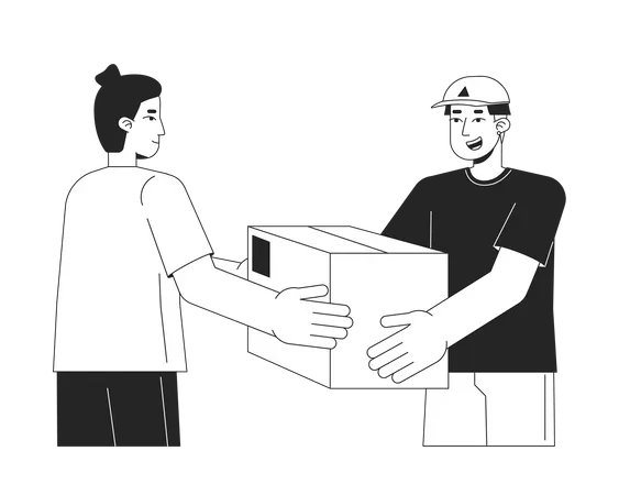 Delivery Man Giving Package To Man Flat Line Black White Vector Characters Editable Outline Half Body People Express Delivery Simple Cartoon Isolated Spot Illustration For Web Graphic Design Illustration