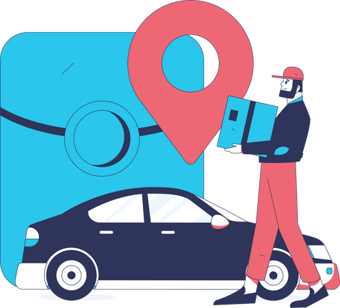 Delivery Man holding cargo while find car location  Illustration