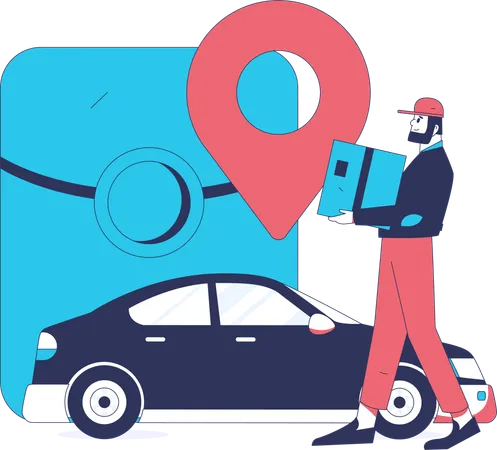 Delivery Man holding cargo while find car location  Illustration