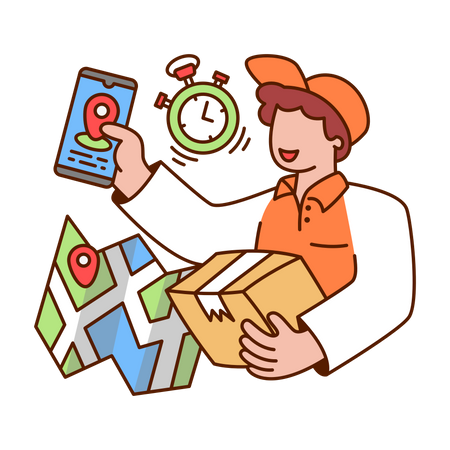 Delivery man holding package and smartphone Illustration