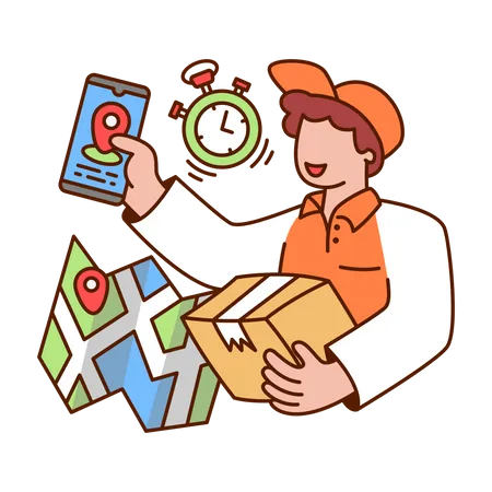Delivery man holding package and smartphone Illustration