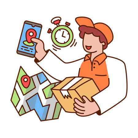 Delivery man holding package and smartphone  Illustration