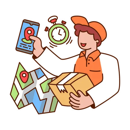 Delivery man holding package and smartphone  Illustration