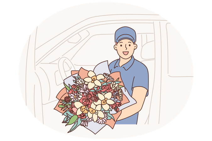 Delivery man holds flowers standing near car for transporting bouquets ordered in online store  Illustration