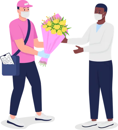 Delivery man in mask and gloves with customer Illustration