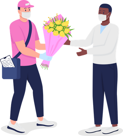 Delivery man in mask and gloves with customer  Illustration