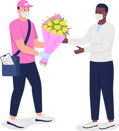 Delivery man in mask and gloves with customer  Illustration