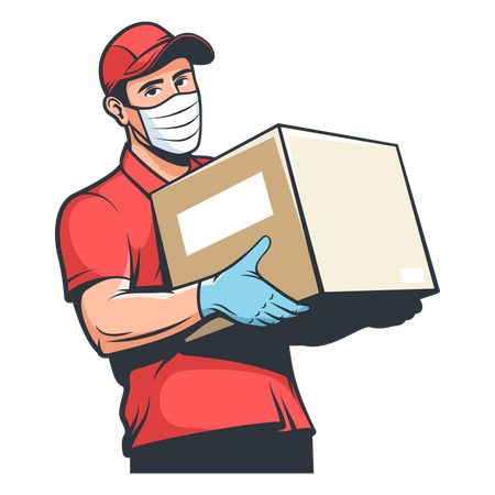 Delivery man in medical mask and gloves with parcel in hand  일러스트레이션