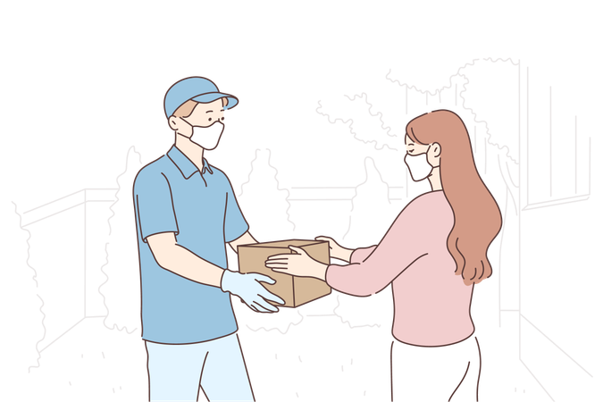 Delivery man is handing over box to girl  Illustration