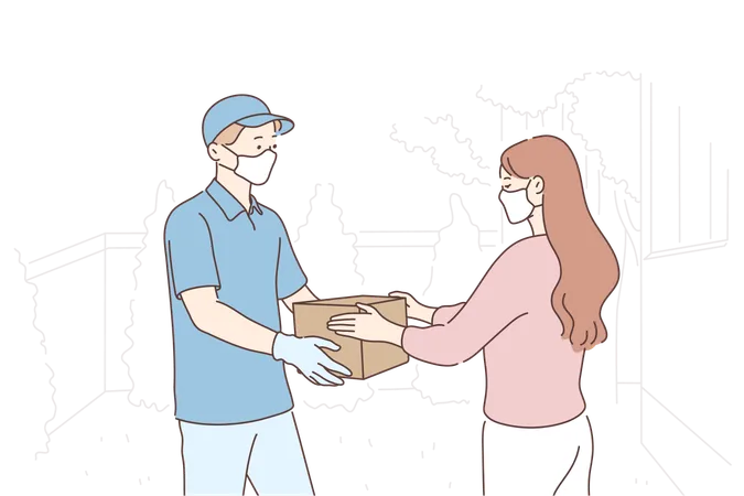 Delivery man is handing over box to girl  Illustration