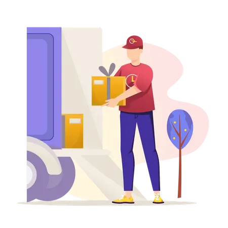 Delivery man loading package in truck  Illustration