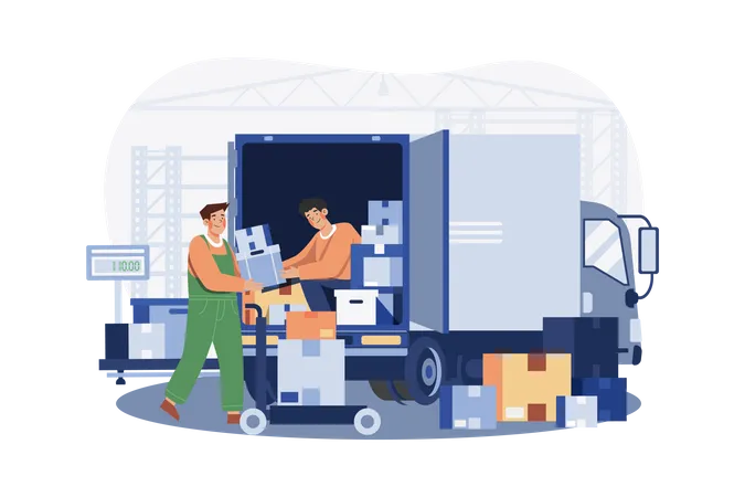 Delivery man loading parcels in truck Illustration