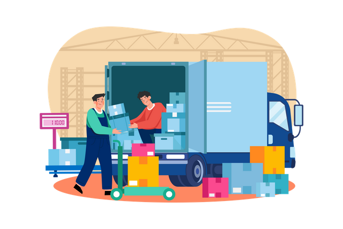 Delivery man loading parcels in truck Illustration