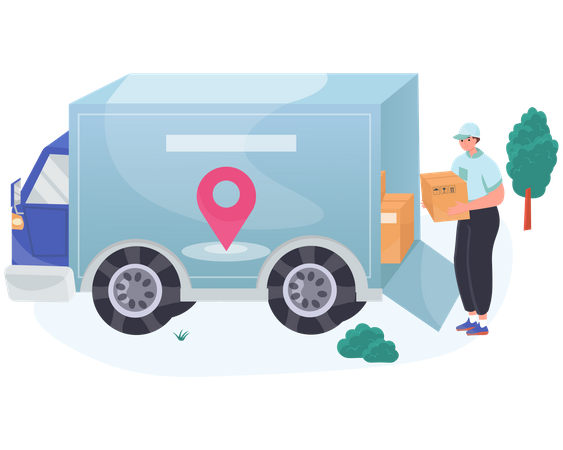 Delivery man loading parcels in truck  Illustration