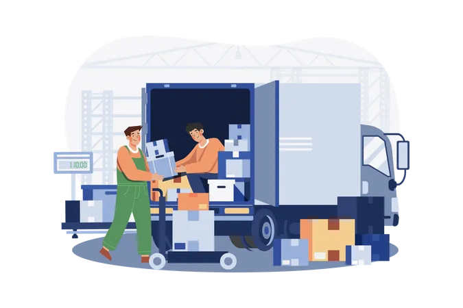 Delivery man loading parcels in truck  Illustration