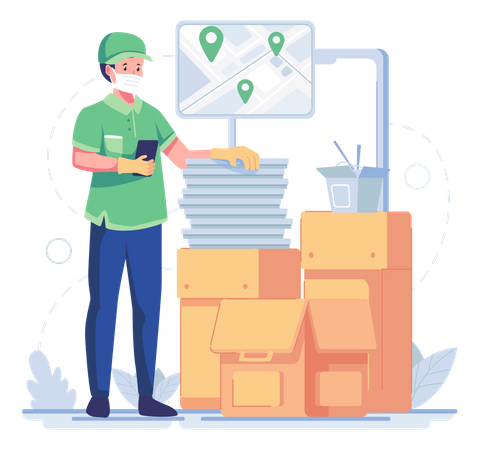 Delivery man picking up delivery for different locations Illustration