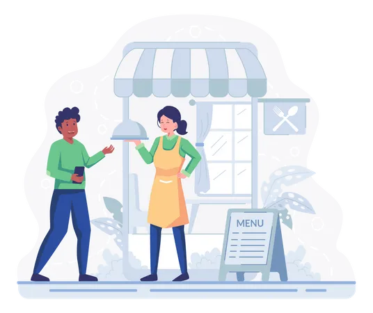 Delivery man picking up food parcel from the restaurant Illustration