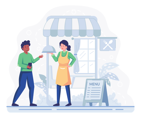 Delivery man picking up food parcel from the restaurant  Illustration