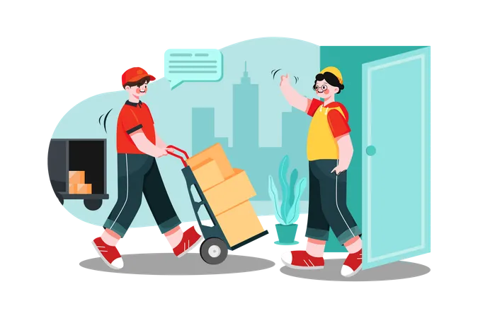 Delivery man pushes trolley Illustration