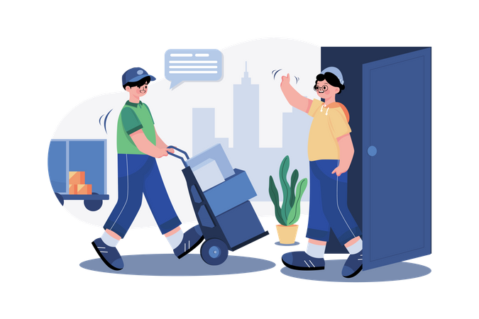 Delivery man pushes trolley Illustration