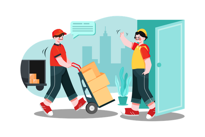 Delivery man pushes trolley  Illustration