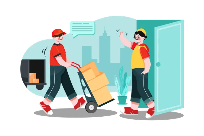 Delivery man pushes trolley  Illustration