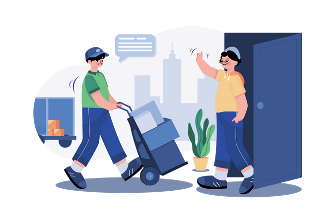 Delivery man pushes trolley  Illustration