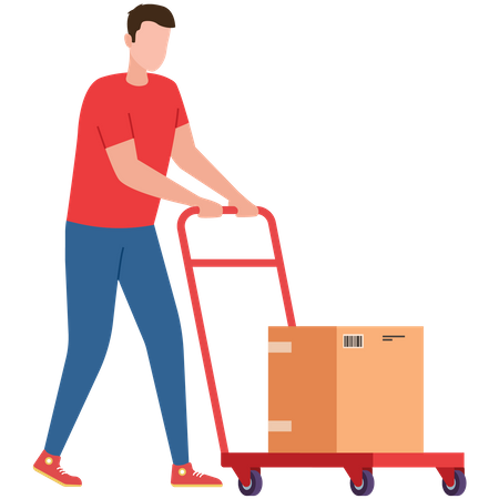 Delivery man pushing parcel trolley Illustration